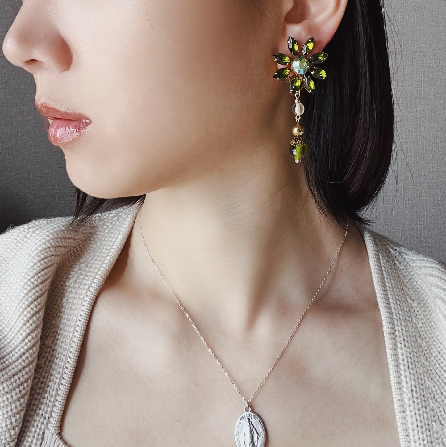 Green flower earrings
